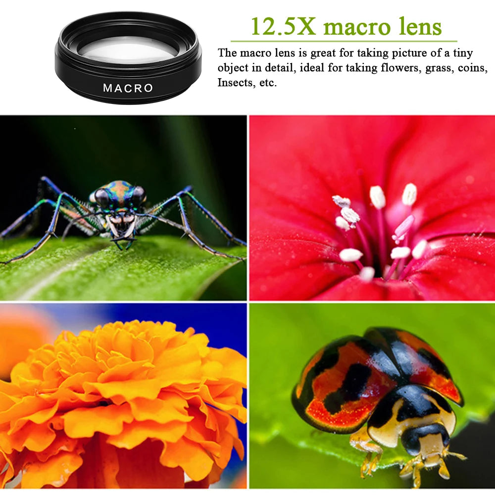 2 Functions Mobile Phone Lens 0.45X Wide Angle Len & 12.5X Macro HD Camera Lens Universal for Iphone Android Phone