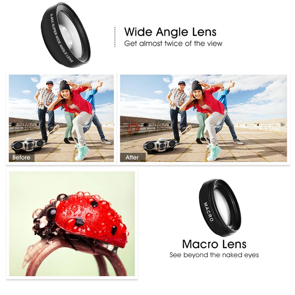 2 Functions Mobile Phone Lens 0.45X Wide Angle Len & 12.5X Macro HD Camera Lens Universal for Iphone Android Phone