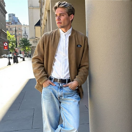 Men’s Round Collar Winter Zipped Jacket – Elbow Patch Edition