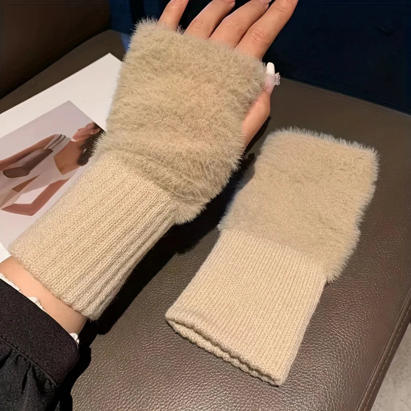 Autumn Winter Soft Mink Fleece Half Finger Gloves Women Plush Knitted Fingerless Gloves Wrist Mittens Driving Writting Gloves