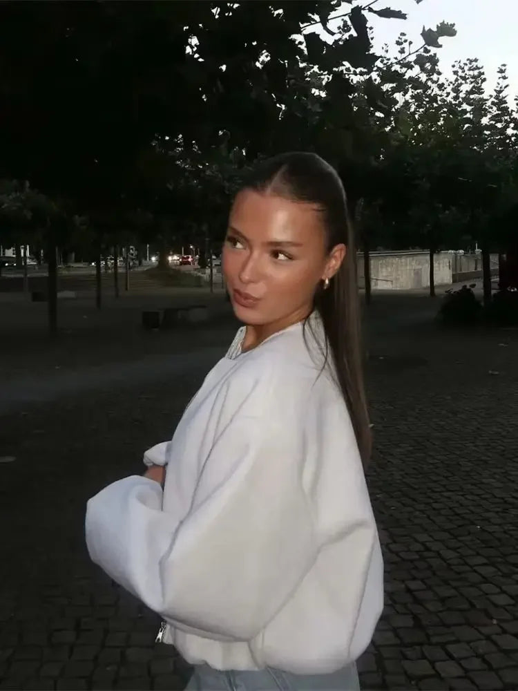 Ladies Fashion Autumn Winter Jacket Women Retro round Neck Long Sleeve Elastic Hem Zipper Soft Bomber Jacket Women Coat Female