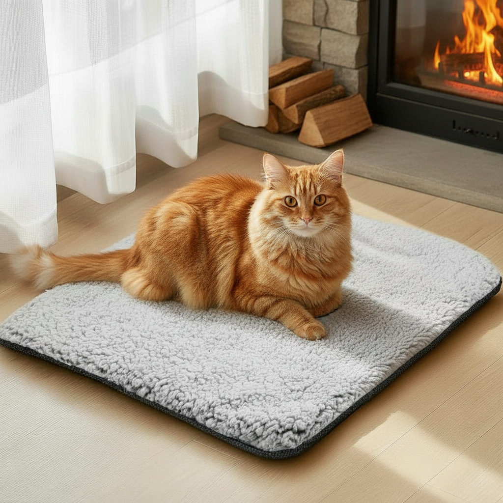 Orange cat sitting on a gray mat in front of a fireplace