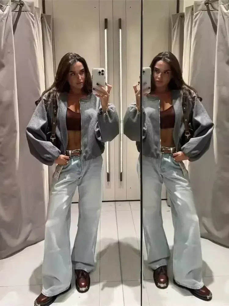 Ladies Fashion Autumn Winter Jacket Women Retro round Neck Long Sleeve Elastic Hem Zipper Soft Bomber Jacket Women Coat Female