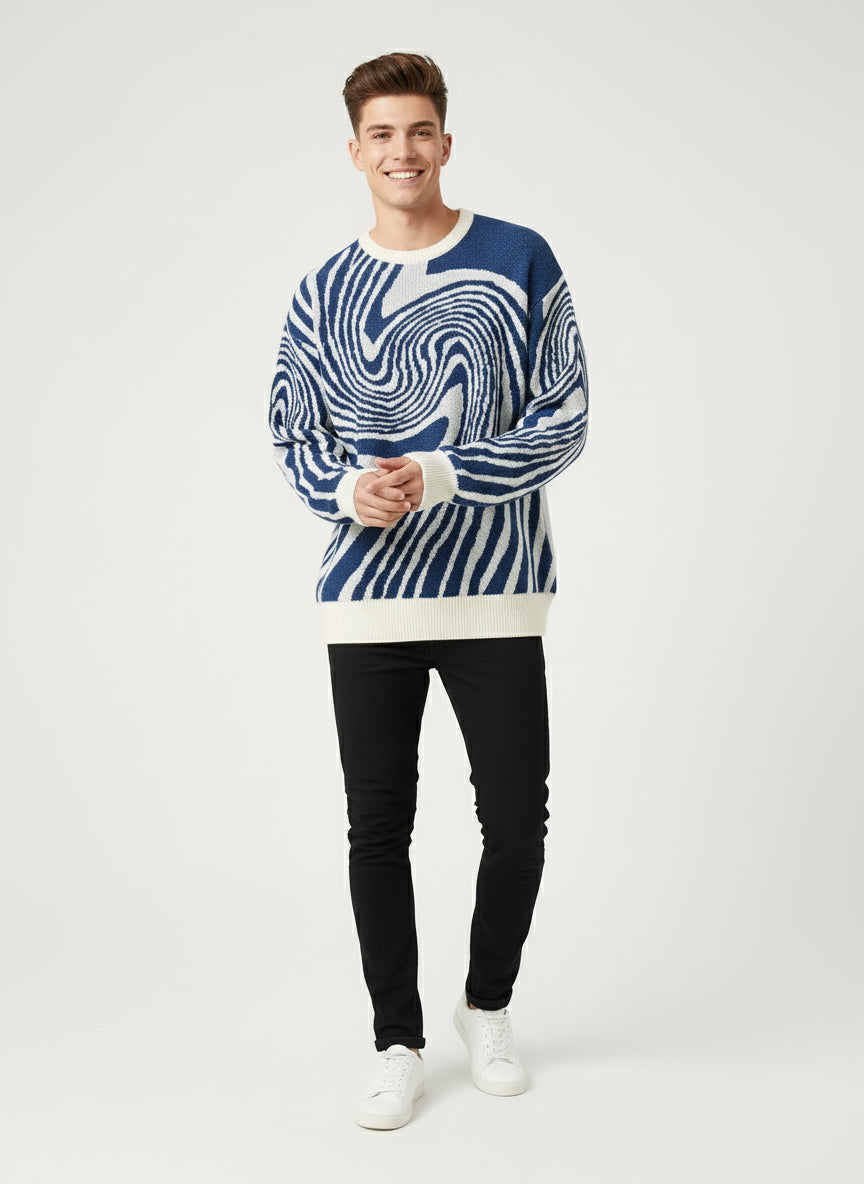 New Popular Autumn and Winter Maze Jacquard Pattern Pullover Sweater Casual round Neck Contrast Color Knitted Men'S Pullover