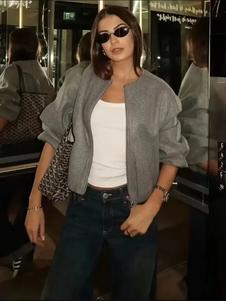 Ladies Fashion Autumn Winter Jacket Women Retro round Neck Long Sleeve Elastic Hem Zipper Soft Bomber Jacket Women Coat Female