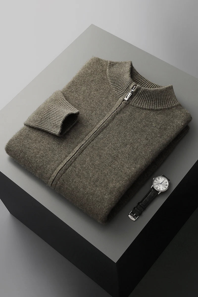 100% Merino Wool Men'S Warm Sweater Mock Collar Thickened Zippered Cardigan Autumn Winter New Cashmere Knitted Long Sleeve Tops