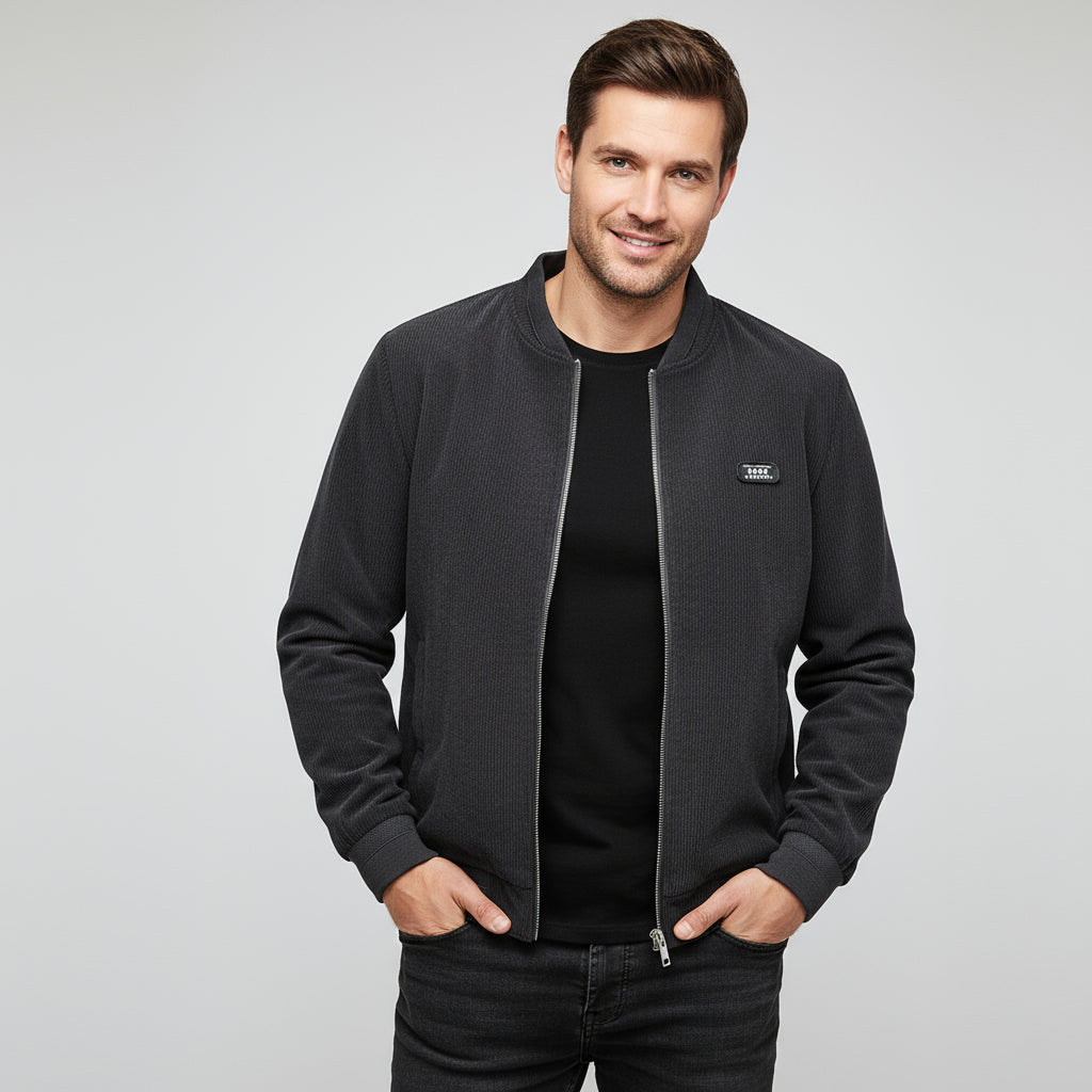 Men’s Round Collar Winter Zipped Jacket – Elbow Patch Edition